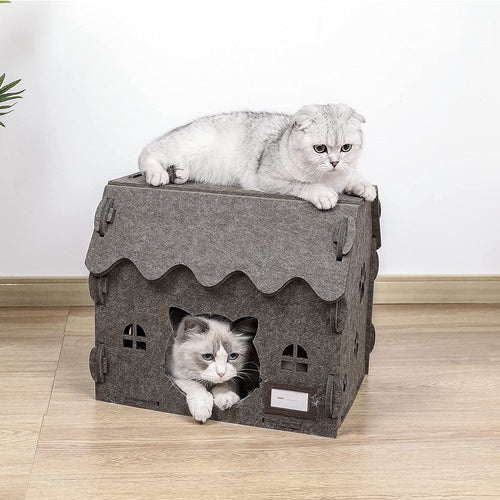 Premium Collapsible Extra Large Cat Cave - 2-in-1 Acoustic Felt Pet Condo & Durable Scratcher House